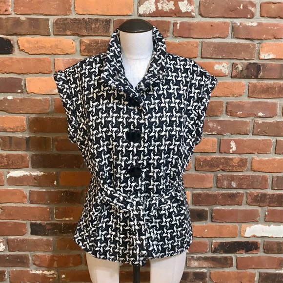 Christopher & Banks Black And White Printed Tie Front Sleeveless Jacket Large - Picture 4 of 8